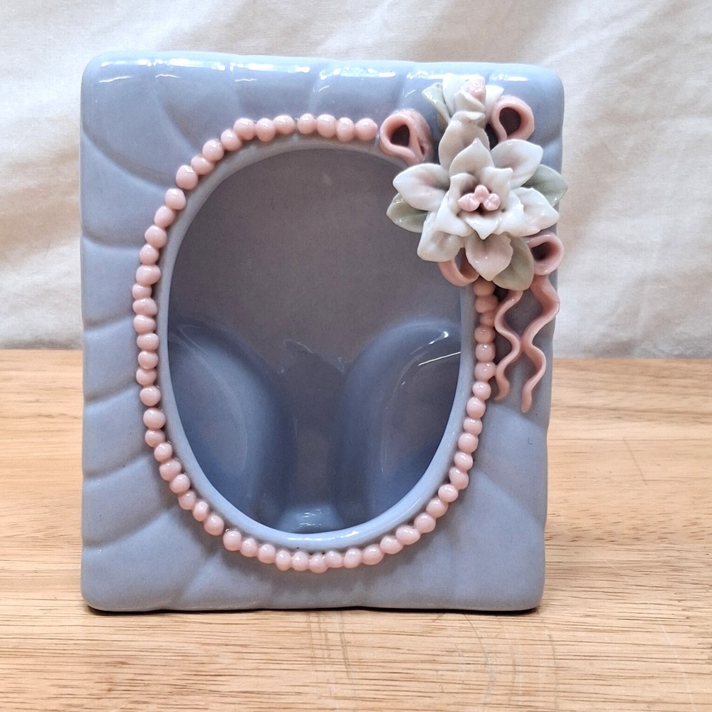 Vintage Porcelain Small Purple Photo Frame Floral Rose Hand Painted Decor Granny